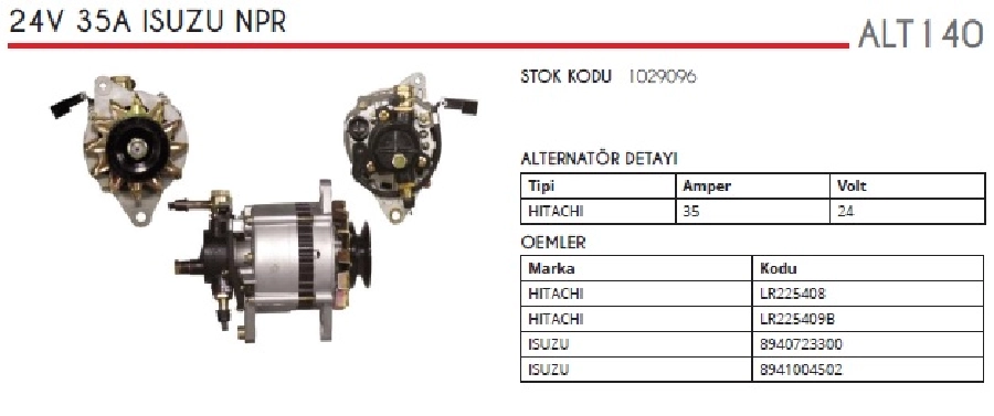 Alternatör 24V 35A Hitachi Tipi Isuzu Nkr Eski Model 4BE1 1985-1995 Vakumlu V Tek Kasnak | OEM ALT140