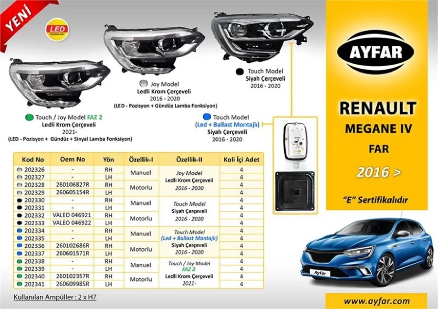 R Megane 4 2017- Far Joy Model LED'li Krom Çerçeveli Manuel Sağ | OEM 202326