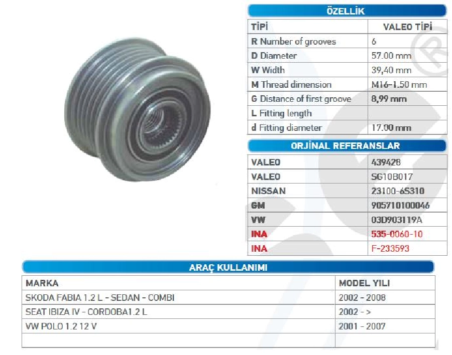Alternatör Kasnak Bilyalı - Skoda Fabia 1,2L-SEAT Ibiza-Cordoba 1,2L 2002 ve sonrası Wut 1102.0097 KSN94250 | OEM WUT.1102.0097