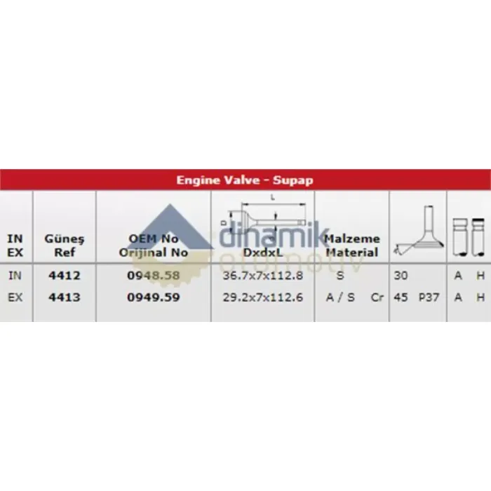 Subap Takimi Emme / Egsoz P206 P306 TU3JP (1,6 8V) P306 (I II) P405 YM P205 (I II) TU3M / TU3 2 P106 P306 (I II) 205 (I II) / (TU1M) Olcu: In 4 (34,7*7*112,8) / Ex 4 (27,7*7*112,6) / (30 / 45 Derece) | GUNES 4412-4413 | OEM 0948.58 0948.58 0949.59
