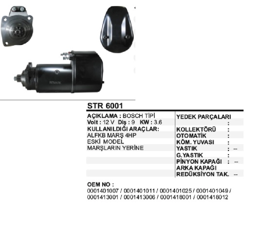 Marş Motoru Bosch Tip Kısa 12V. 9D. Alfkb | OEM STR6001