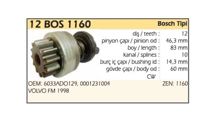 Marş Dişlisi ZEN1160 12 Diş, Cw Volvo Fm 1998 | OEM 12BOS1160