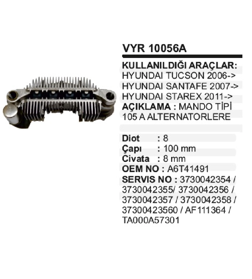 Diyot Tablası Mitsubishi Tip - 100mm Hyundai Starex, Kia Sorento 8X50 Amp (Vrh 2009-128) | OEM VYR10056A