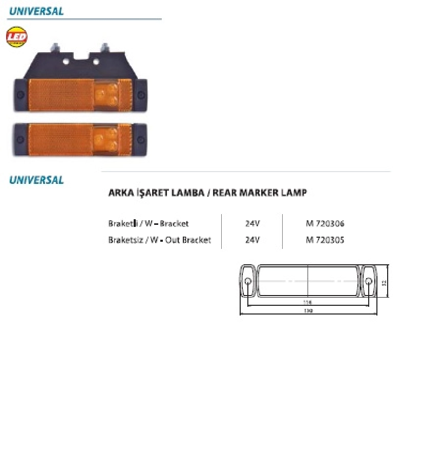 Universal Dorse Yan Işaret Lamba, Sarı, Braketlı (M 551445) 24V | OEM M720306