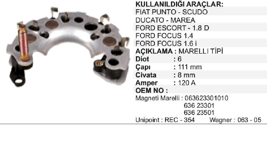 Diyot Tablası Marelli Tip 111mm Fiat Palio 1.2 Weekend, Punto 1.2 (98), Lancia, Tempra, Ford Escort 1.8 | OEM RI14H