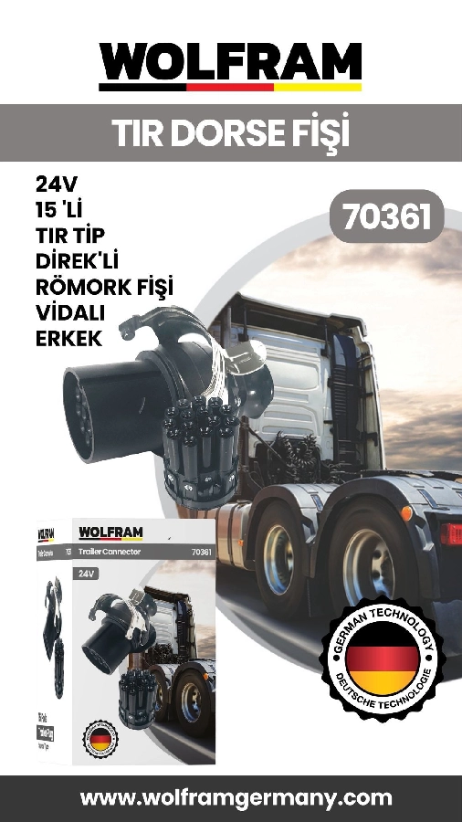 15 Li Tır Dorse Direkli Römork Fişi Vidalı Erkek 24V | OEM 70361