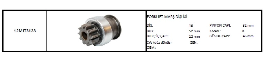Marş Dişlisi 10 Diş, Cw Forklift | OEM 12MIT3123