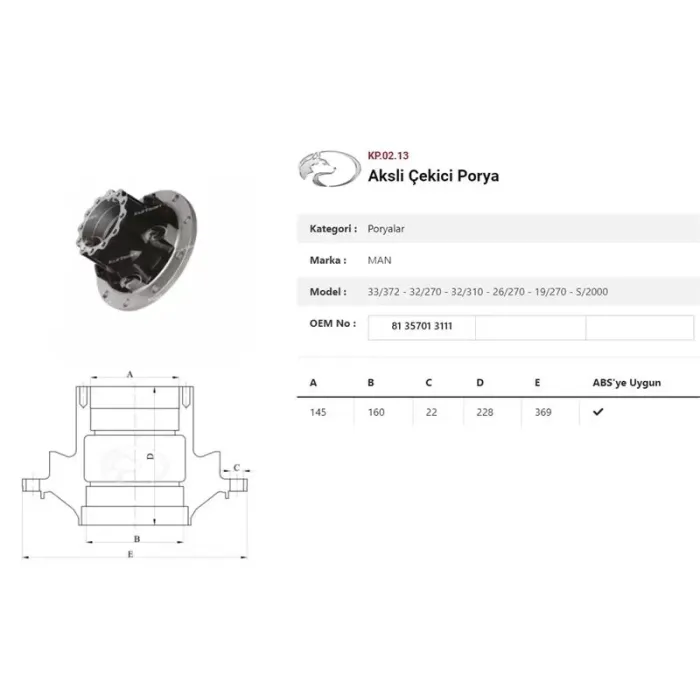 Dingil Poryasi Arka Teker Aksli MAN Adam 33/372-26/270--32/310 | KURTSAN KP.02.13 | OEM 813570103111-813570103111