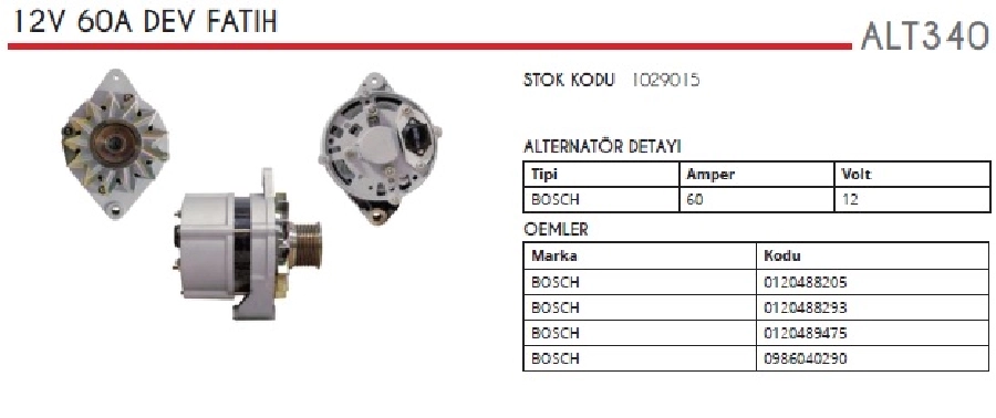 Alternatör 12V 60A Bosch Tipi Dev Fatih Prof. Pule 8 Kanal, Atlas, Case Caterpillar, New Holland, Termoking | OEM ALT340