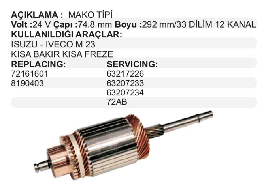 Marş Kollektörü Kb-Kf 24V - 35NC-50NC, Isuzu M23 Yeni Model ( Kısa Freze ) BOY:292 CAP:74.8 Dış: Dilim:33 | OEM 72161601