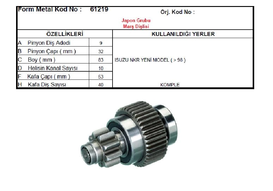 Isuzu Nkr Yeni Model ( 98 sonrası ) 9 Diş Peugeot J9 Premier Isuzu Nkr, Tfr Pickup Kafa Çapı 33mm | OEM 61219