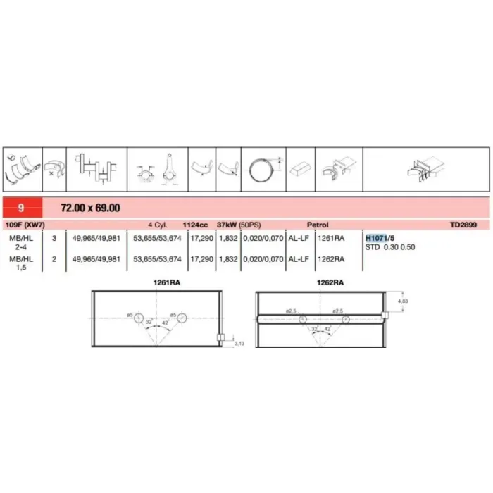 Ana Yatak 0,30 Peugeot 206 - 307 1.4 TU3 | GLYCO FH1071530MM | OEM 34418030 34417030 H1071/5 0.30mm MB5569AM0.3 AN5275SA319