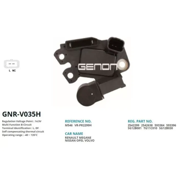 Alternator Konjektor Valeo Tip 12V Renault Megane - Laguna / Nissan Primera / Opel / Volvo (L, Df) | GENON GNR-V035H | OEM VR-PR2299 VR-PR2299H M546