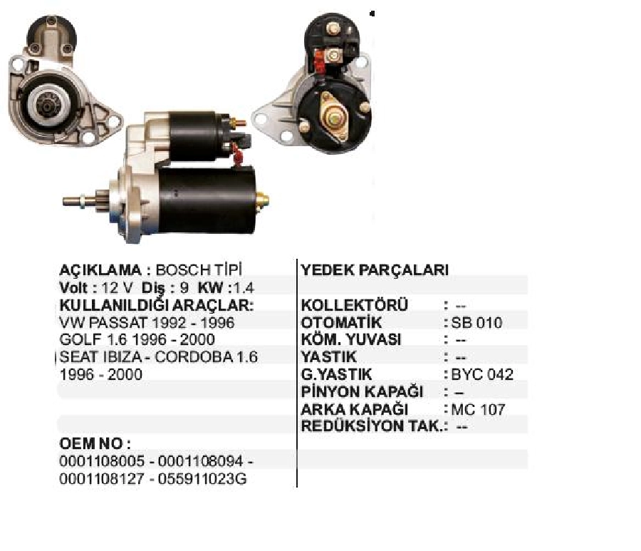Marş Motoru 12V 9D 1,4 kW - Audi A3 VW Passat-Golf 1992-1996, Seat Ibiza-Cordoba | OEM STR6510