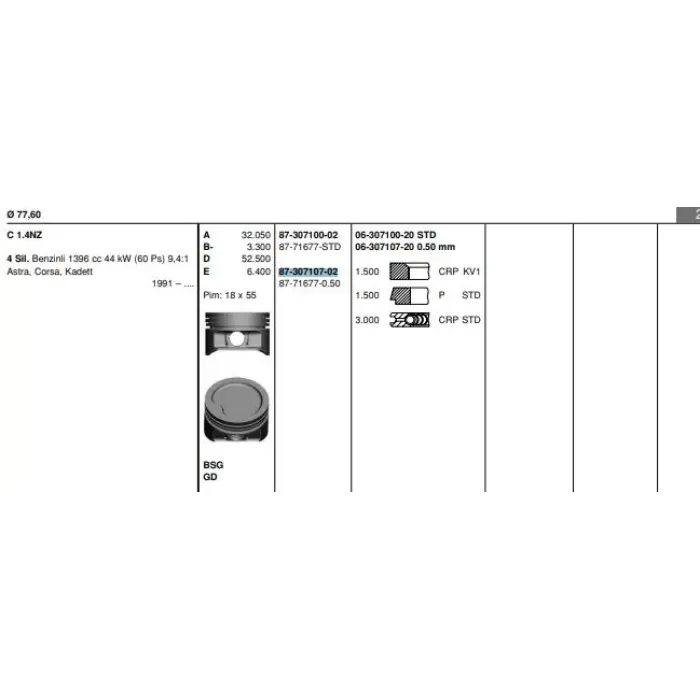 Motor Piston+Segman Komple (78,10MM) 0,50 Corsa B Astra F X14XE Astra G X14XE Z14XE | GOETZE 8771677050000G | OEM 624207 90348442