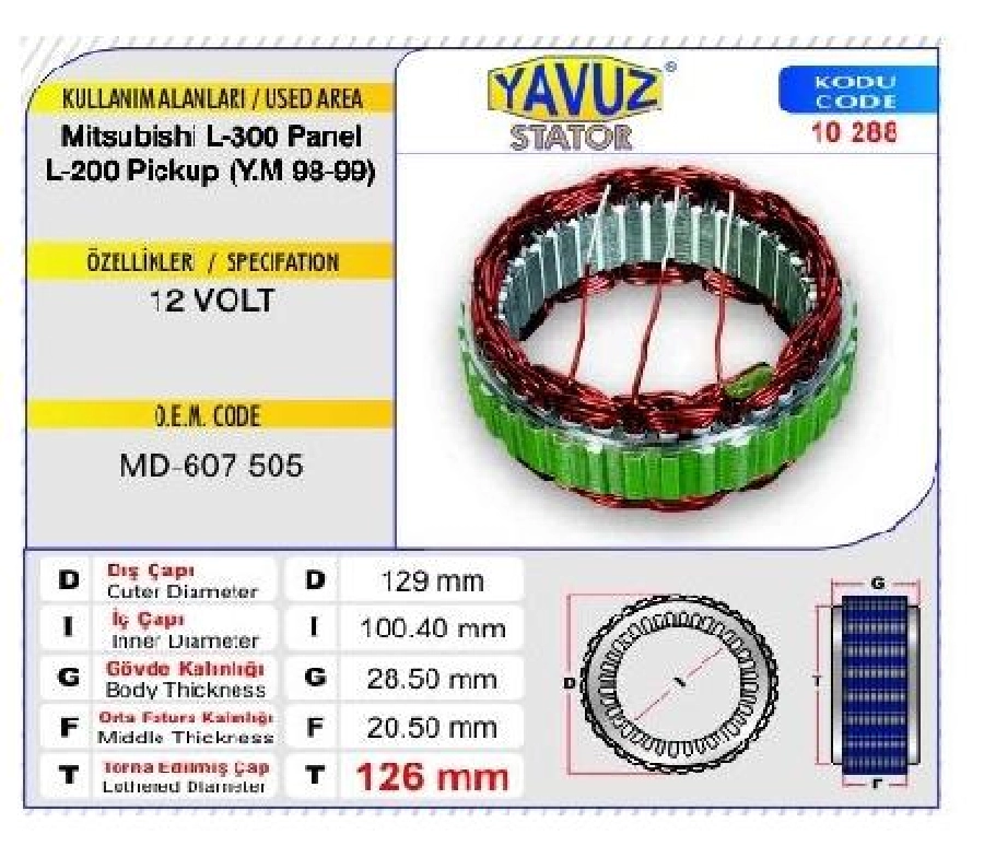 Statör Japon Tip 12V 65A H-100 Mitsubishi L-300 Panel L-200 Pickup { Yeni Model 98-99 } (10288) | OEM 150112