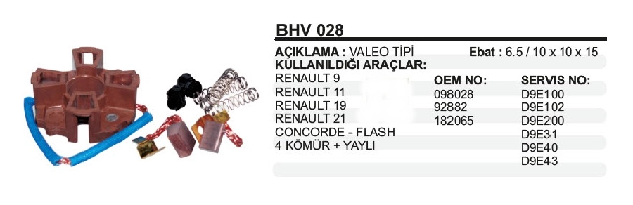 Marş Kömür Yuvası Valeo 098028 Renault 9-19 4KOMUR + Yaylı | OEM BHV028