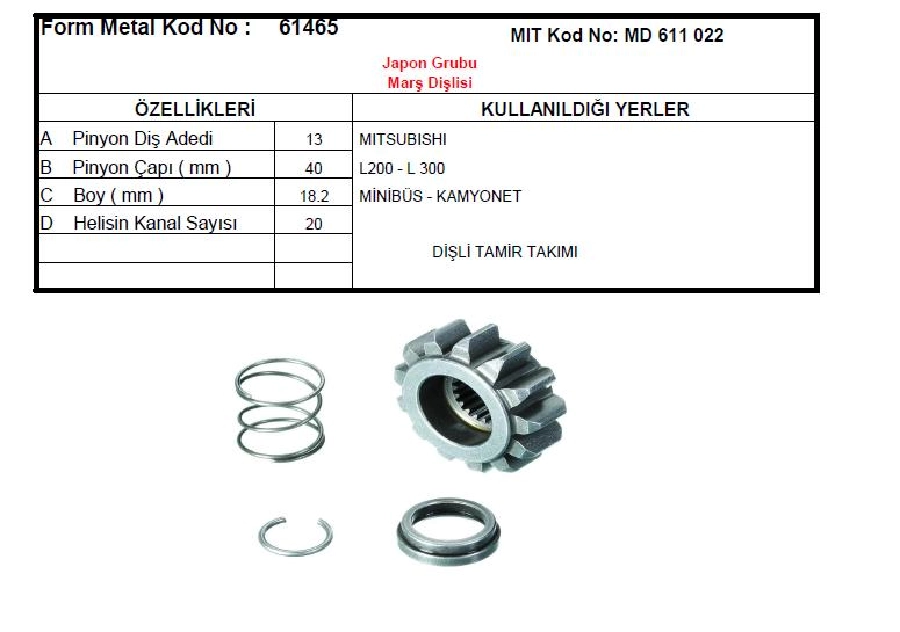 Marş Dişlisi Tamir Takımı - L200-L300 | OEM 61465