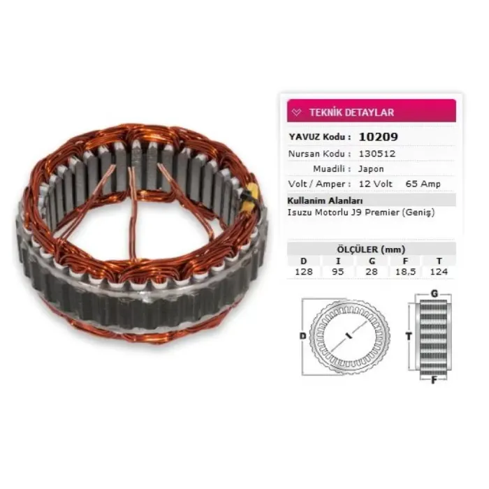 Alternator Stator Japon Tip 12V 65A Isuzu Motorlu J9 Premier Genis Nursan 130512 | YAVUZ 10 209 | OEM A2T0299 A2T0399