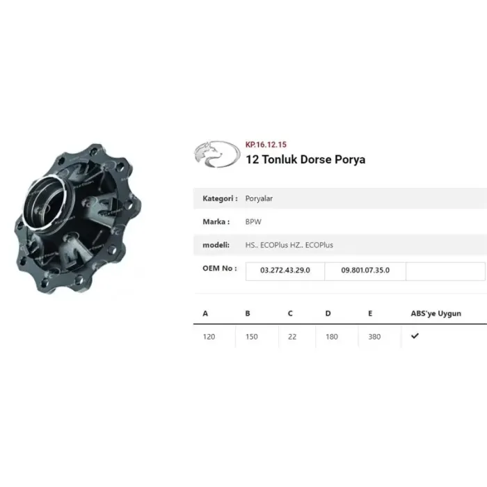 Dingil Poryasi Bpw Römork Eco Plus | KURTSAN KP.16.12.15 | OEM 03.272.43.29.0/09.801.07.35.0