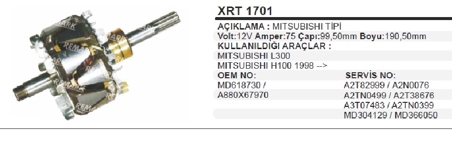 Rotor 12V - Vakumlu 75A Kalın Freze L300, H100 | OEM XRT1701