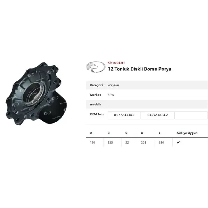 Dingil Poryasi Bpw Römork 9 Ton Jumbo Eco Plus Çakma | KURTSAN KP.16.01.04 | OEM 03.272.27.48.0