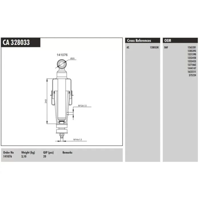 Kabin Amortisoru Koruklu On Komple DAF CF65 CF75 CF85 98>13 XF95 97>06 XF105 05> XF 460-510 12> | CONNECT CA 328033 | OEM 1265281