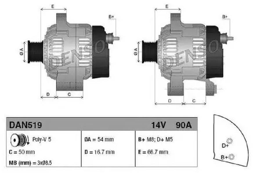 Alternatör 12V. 90A Denso Tip Fiat Egea 1.2L, 1.4L 2003 ve sonrası Palio Weekend 1.2L 1999 ve sonrası, Punto 1.2L-51859038 | OEM DAN519