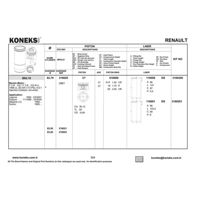 Motor Piston Segman 82,70MM Std Megane Laguna Megane Scenic F3R 2.0 | KONEKS 216020 | OEM YENMAK 4176-STD