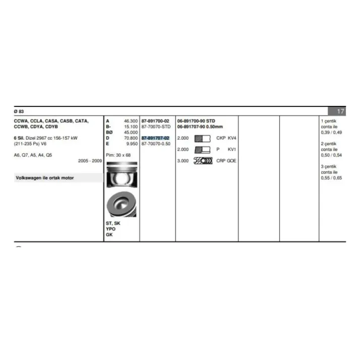 Piston+Segman (83,51MM 0,50) Phaeton A4 A6 A8 Q7 Touareg 3,0TDI (204 / 211 / 224 / 225 / 233 Ps) Asb Bkn Bks Bmk Bng Bug Bun 03>10 | GOETZE 8770070050000G | OEM 059107065BJ 059107065AS