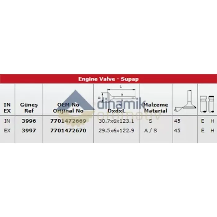 Subap Takimi Master 2 Movano 2,5DCI G9U Laguna 2,2 (In 8 / Ex 8) | GUNES 3996-3997 | OEM 7701472669 7701472670
