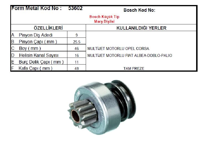 Marş Dişlisi Bosch Tipi 9D 1.3 CDTI Multijet Fiat Doblo, Palio, Opel Corsa Yeni Model (Sık Kanal) (807 | OEM 53602
