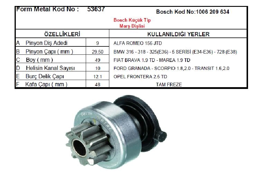 Marş Dişlisi 9D Bosch Tipi Alfa Romeo 156 JTD, BMW 316-318 (E36) 5 Serisi (E34-E36), Fiat Brava 1.9TD, M | OEM 53637