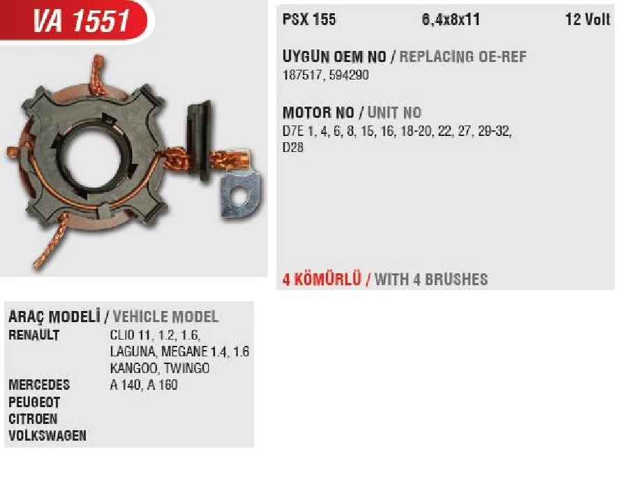 Marş Kömür Yuvası Valeo Renault Clio Megane (D7E-G) | OEM 1136626SH