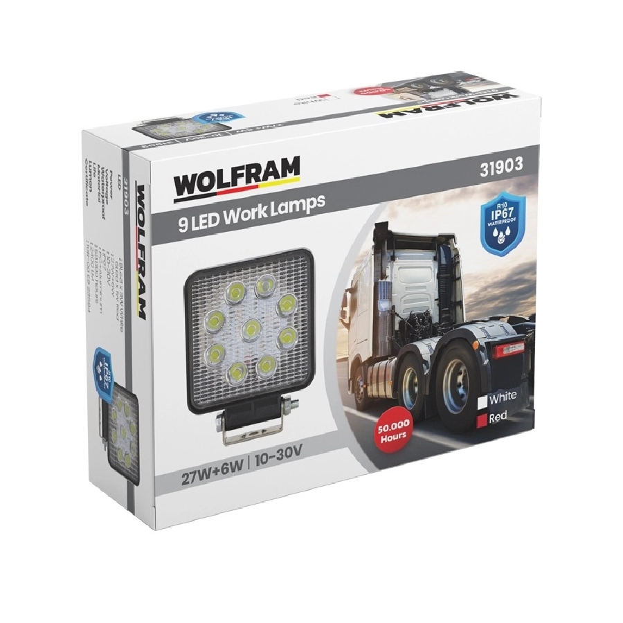 9 LED Çalışma Lambası Beyaz + Kırmızı E Belgeli 12, 24V 27 + 6W E9 | OEM 31903