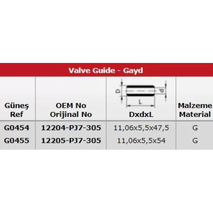 Subap Gaydi (In 8 Ex 8) Civic 1,6 16V (5,50mm) | GUNES G0454-G0455 | OEM 12204PJ7305 12204PJ7305 12205PJ7305 12205PJ7305