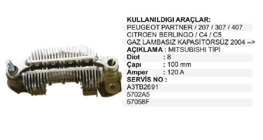 Diyot Tablası Mitsubishi Tip 100 2000 - Peugeot PARTNER2.0HDI, 306-307 HDI *Citroen C4-C5-Berlingo HDI | OEM RM155HV