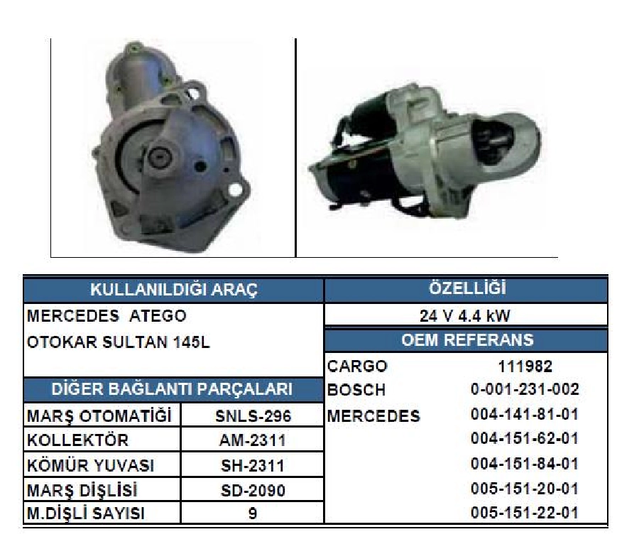 Marş Motoru 24V 4KW 9Diþ Bosch Tipi Mercedes Atego Yardımcı Otomati STR18364N | OEM WUT.1107.0303