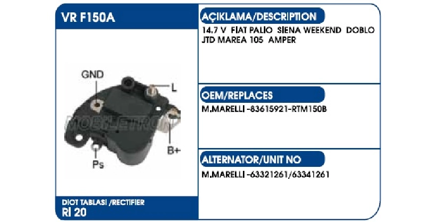 Konjektör Kömürlü 12V 85A-105A Kısa Cıvata - 1.3MULTİJET, Fiat Palio-Siena-W Eekend-Doblo JTD -Marea | OEM VRF150A