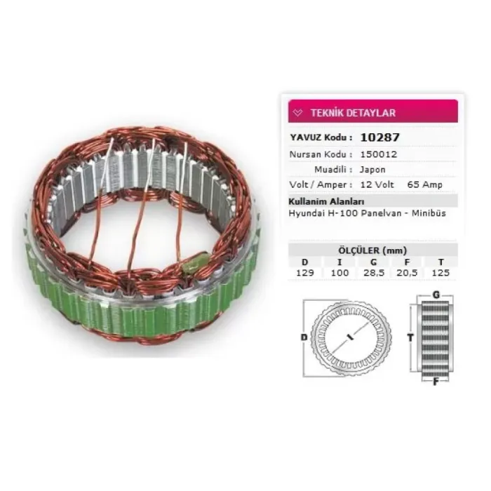 Stator Mitsubishi Tip 12V 65A Hyundai Excel H100 Minibus-Panelvan Nursan 150012 | YAVUZ 10 287 | OEM A383T40170 A383T43370 A383X43370