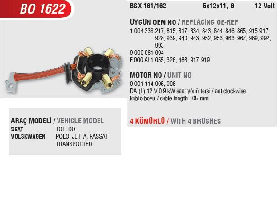 Marş Kömür Yuvası - Seat Toledo, VW Polo-Passat (L Kablo) (Uygun Kömür:BSX161, 162) | OEM BO1622