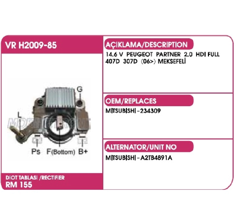 Konjektör Mitsubishi Tip 14.6V - Peugeot Partner 2.0 HDI (Full), 407D, 307D (06 - ) (Meksefelı) | OEM VRH2009-85