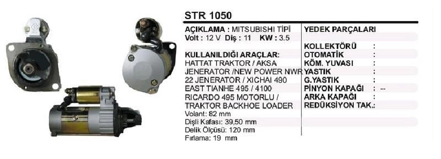 Marş Motoru Mitsubishi 12V 11D 3.5 kW Hattat, Aksa, Backhoe Loader | OEM STR1050