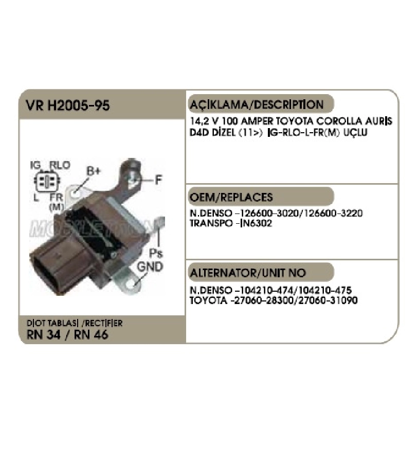 Konjektör Nippon Denso Tip - 12V 100AMP Toyota Corolla Hillux RAV4 2.4L (Ig-Rld-L-Fr (M) Uçlu | OEM VRH2005-95