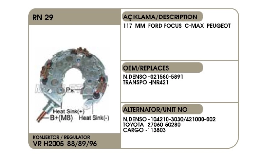 Diyot Tablası Nippon Denso Tip (160A) 117mm Ford Fiesta -Focus C-Max, Kuga, Peugeot 206-207-307, Mazd | OEM 00386
