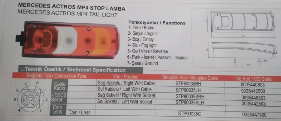 Mercedes Actros Mp 4 Stop Lamba Hdscs Soket Sol | OEM 90035SLH