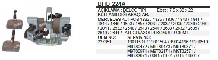 Marş Kömür Yuvası Mitsubishi Delco Tipi 39MT Mercedes Atego, Axor Komurlu (Uygun Kömür: Actros, Axor K008) | OEM BHD224A