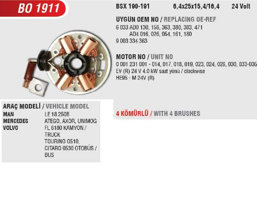 Marş Kömür Yuvası 24V Bosch Tipi BSX135 Dar - Mercedes Kamyon, Cargo 3227, Atego, Axor, Volvo (Uygun Kömü | OEM BO1911