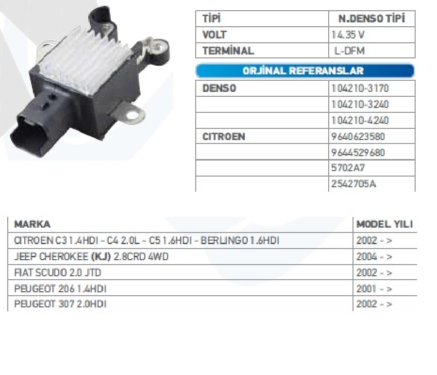 Konjektör Nippon Denso Tip 12V. (14.4V) Peugeot 206 1.4, 2.0 HDI - 307 1.4, 2.0 HDI, Citroen C3 1.4 Hd | OEM VRH2005-83
