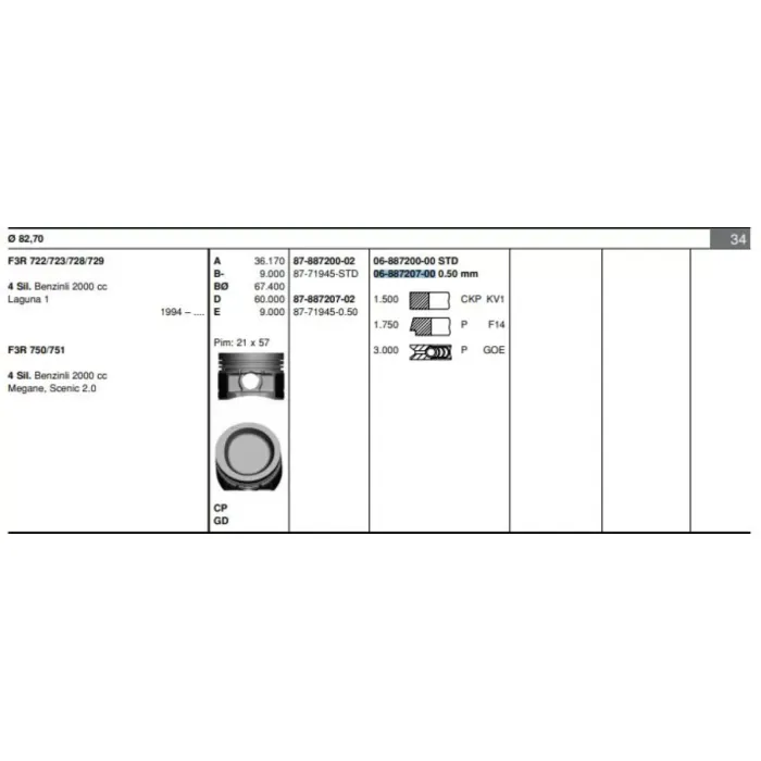 Motor Segmani Laguna Megane Scenic 2,0 F3R (82,70mm) / (050) | GOETZE 68872070G | OEM 7701467662 7701467662 7701471905 7701471905
